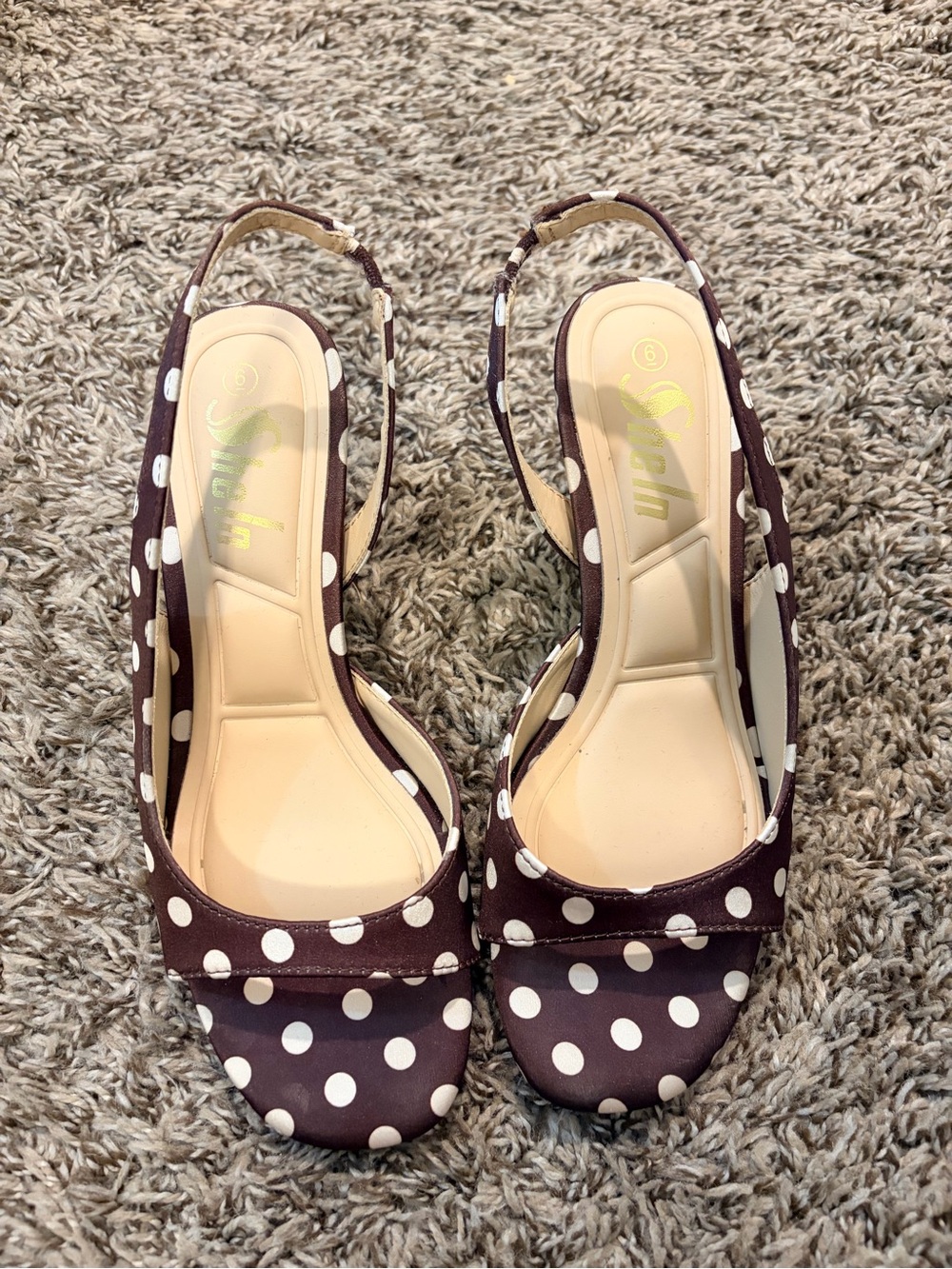 SHEIN Brown and White Polka Dot Slingback Kitten Heels